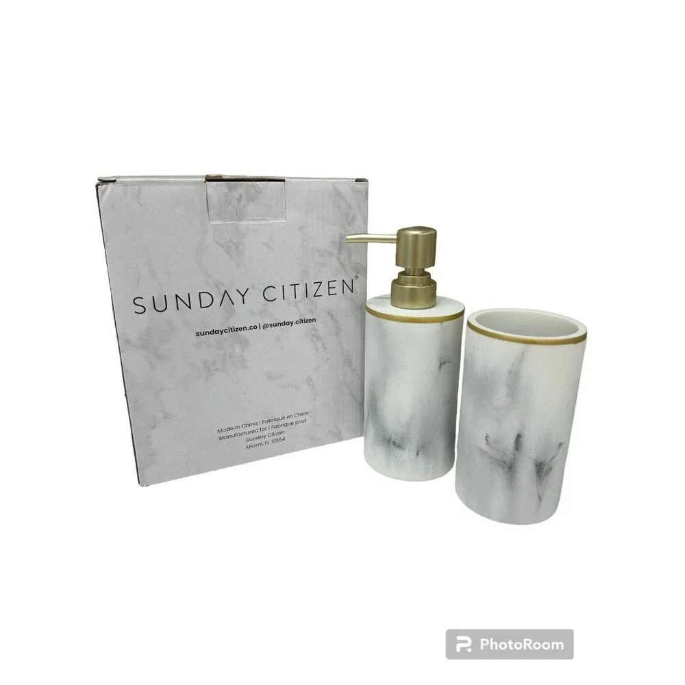 Sunday Citizen Bathroom Set Soap Dispenser Toothbrush Cup ￼Marble Look New w Box